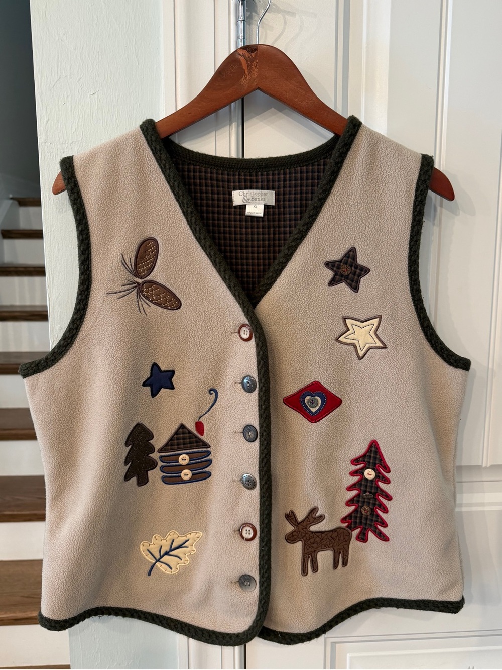Christopher & Banks Vest XL Fleece Applique Cabin Moose Trees 2004 Cottagecore